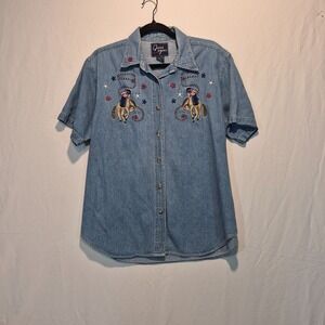 Quizz Again Denim Womens Shirt Embroidered American Rodeo Lrg Western Cowgirl